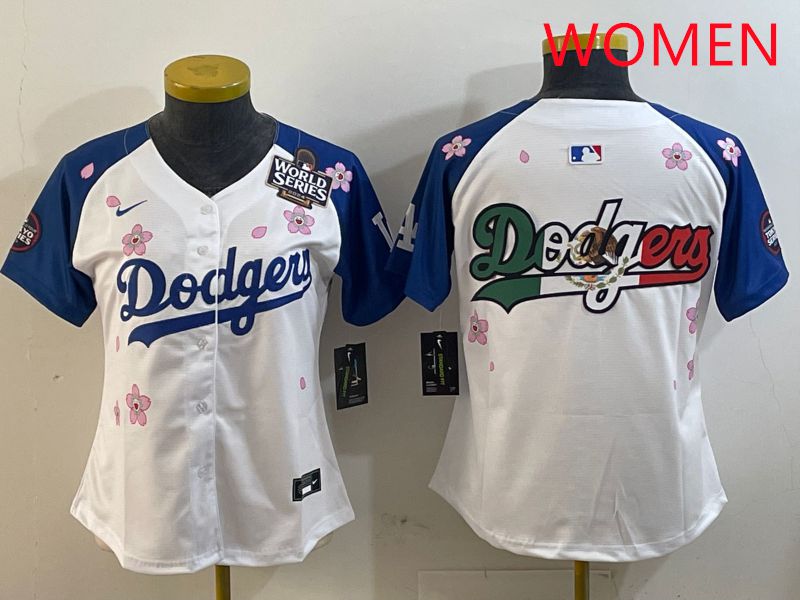 Women Los Angeles Dodgers Blank White Blue Sakura Edition 2025 Nike MLB Jersey style 9->women mlb jersey->Women Jersey